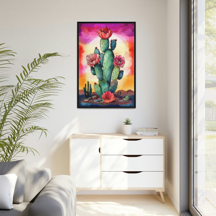 Colorful Cactus Watercolor Painting Framed Canvas Wall Art in living room