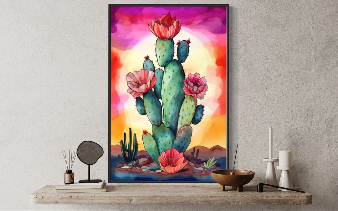 Colorful Cactus Watercolor Painting Framed Canvas Wall Art