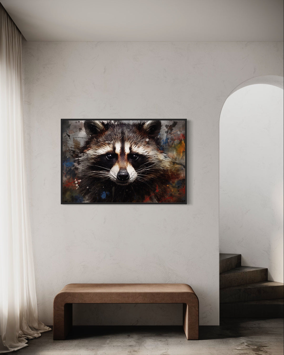 Raccoon Modern Pop Art Portrait Framed Canvas Wall Art in the hall