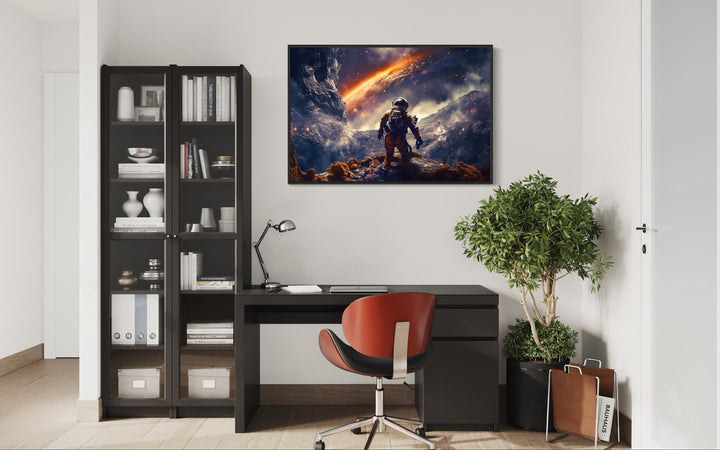 Astronaut On Alien Planet In Space Framed Canvas Wall Art in the office