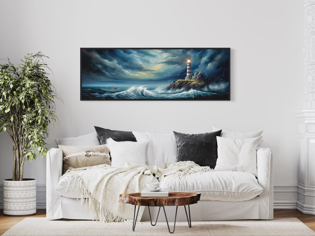 Dramatic Lighthouse In Stormy Ocean Long Horizontal Wall Art