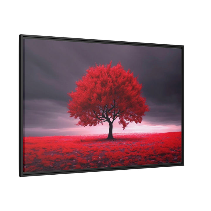 Red Tree On Black Background Framed Canvas Red Accent Wall Art side view