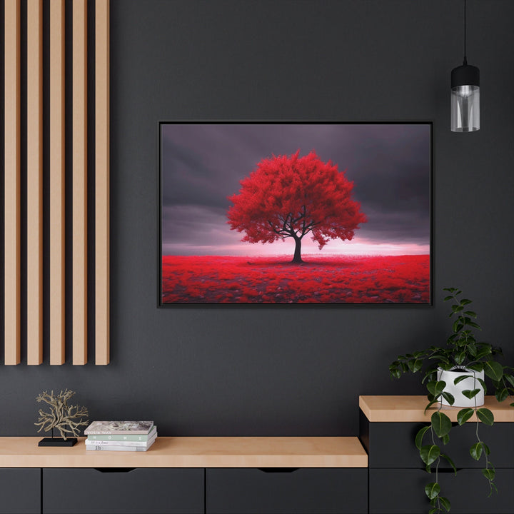 Red Tree On Black Background Framed Canvas Red Accent Wall Art in the office