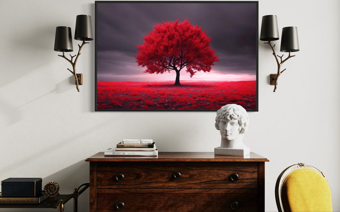 Red Tree On Black Background Framed Canvas Red Accent Wall Art