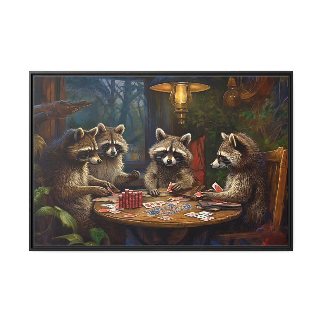 Raccoons Playing Poker Man Cave Framed Canvas Wall Art close up