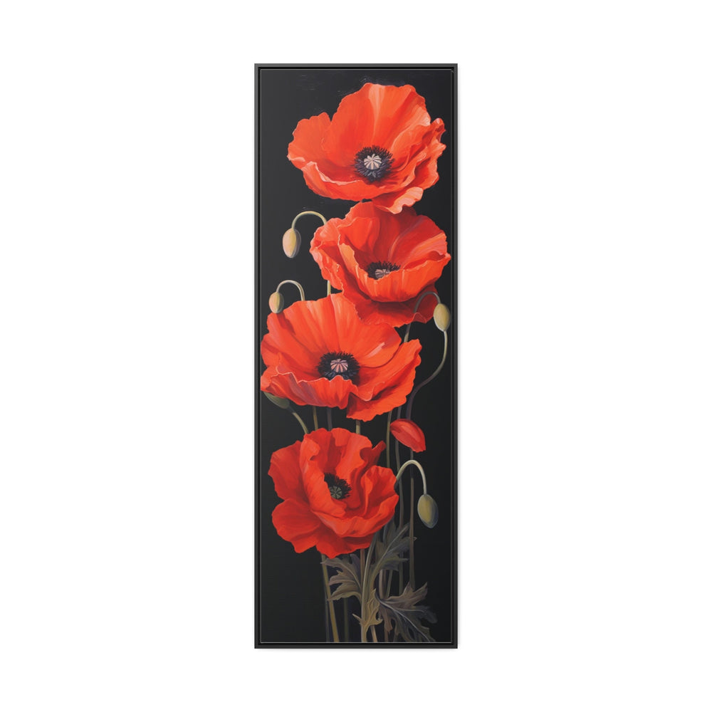 Long Narrow Red Poppies On Black Background Vertical Framed Canvas Wall Art close up