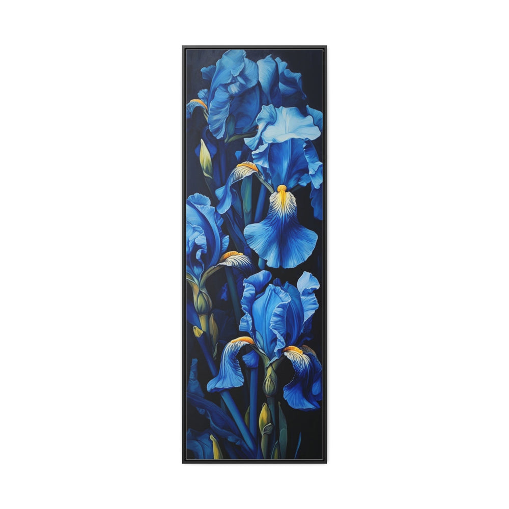 Tall Narrow Blue Irises on Black Background Vertical Framed Canvas Wall Art close up