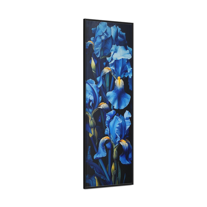 Tall Narrow Blue Irises on Black Background Vertical Framed Canvas Wall Art side view