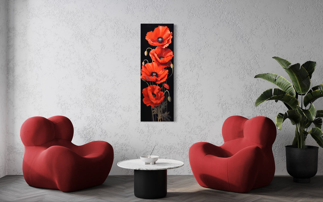 Long Narrow Red Poppies On Black Background Vertical Framed Canvas Wall Art
