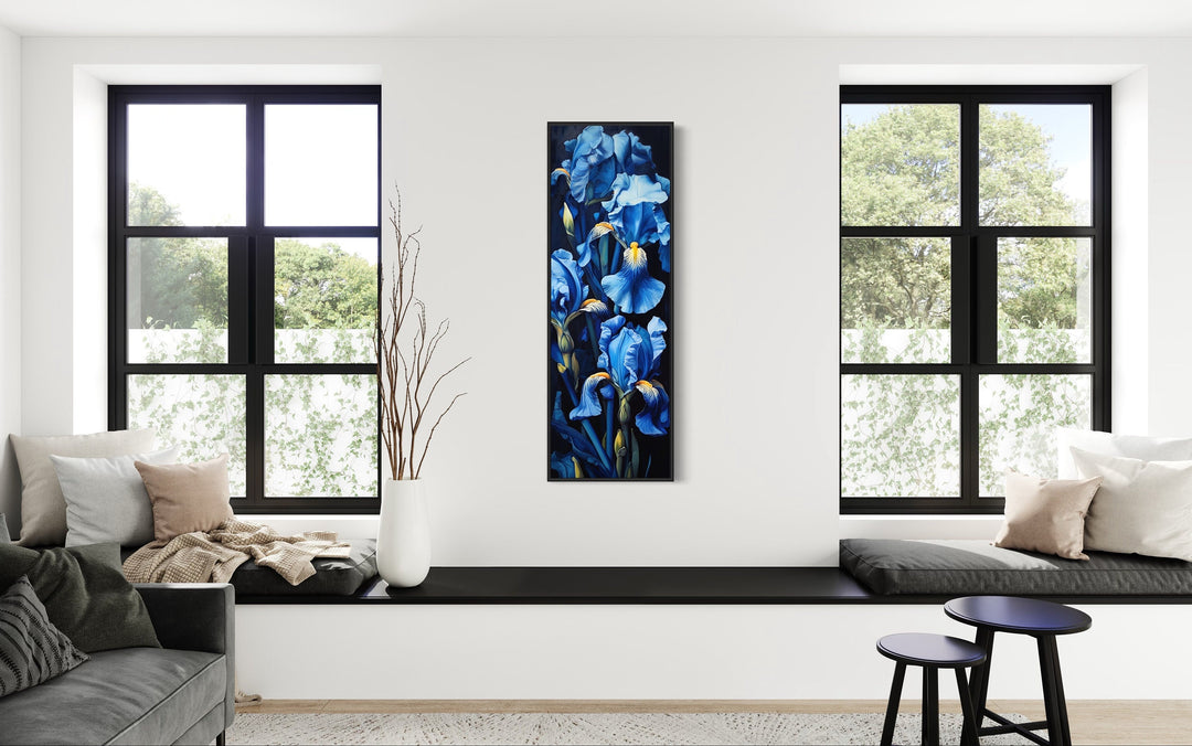 Tall Narrow Blue Irises on Black Background Vertical Framed Canvas Wall Art in living room