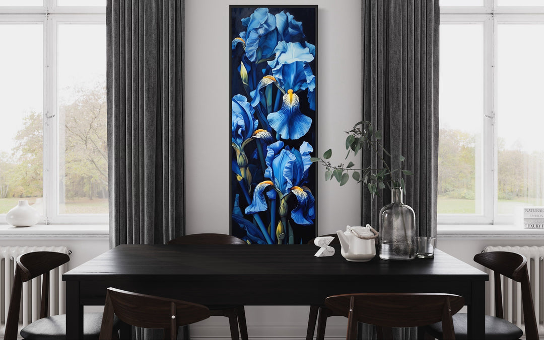 Tall Narrow Blue Irises on Black Background Vertical Framed Canvas Wall Art in dining room