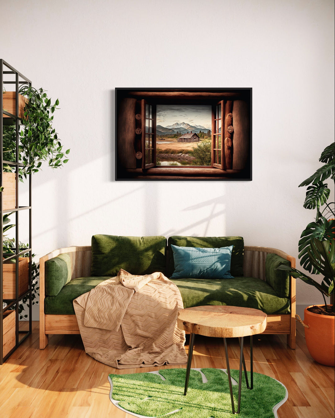 Mountain Cabin Seen Through Open Window Canvas Wall Art