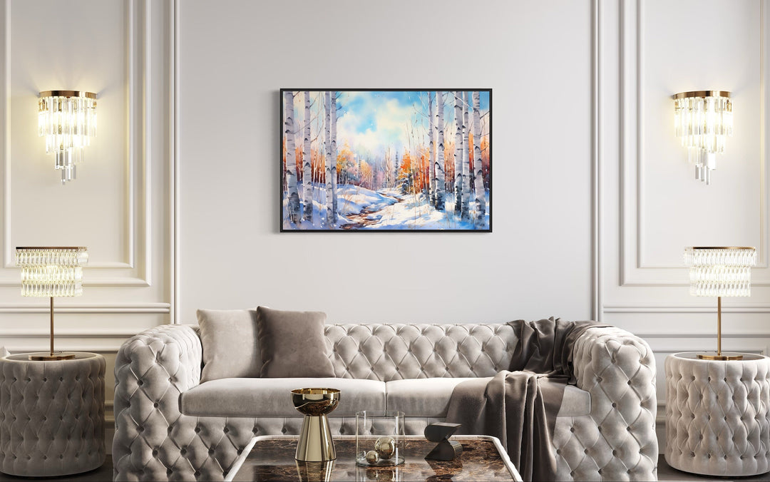 Winter Birch Trees Forest Landscape Framed Canvas Wall Art above couch