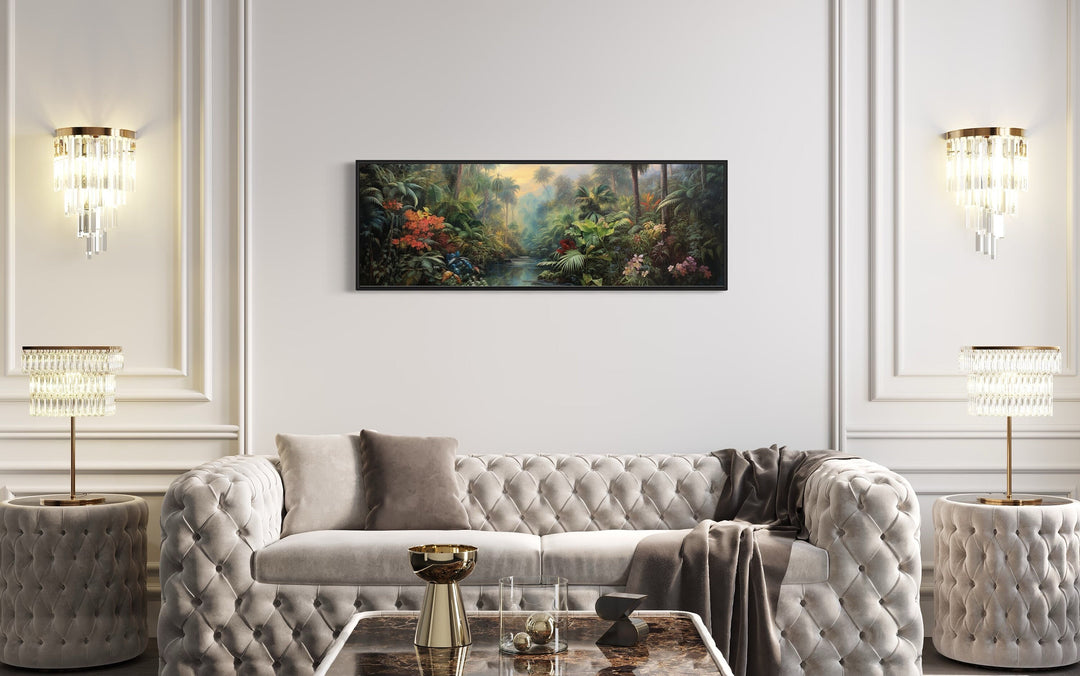 Tropical Rainforest Long Horizontal Framed Canvas Wall Art in living room