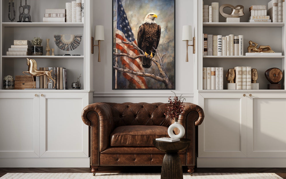 Bald Eagle With American Framed Patriotic Wall Art behind armchair