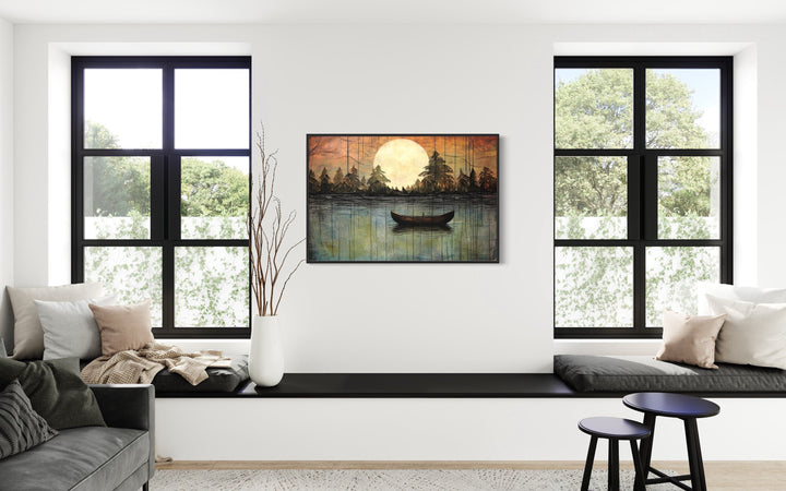 Great Outdoors Nature Lake Moon Boat Framed Canvas Wall Art in living room