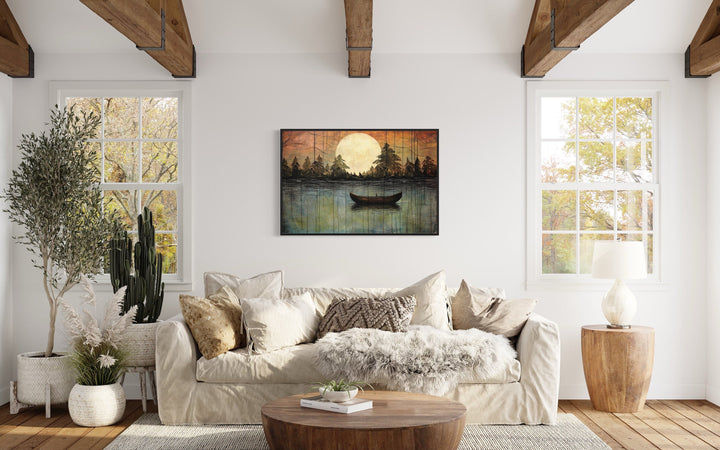 Great Outdoors Nature Lake Moon Boat Framed Canvas Wall Art above beige couch