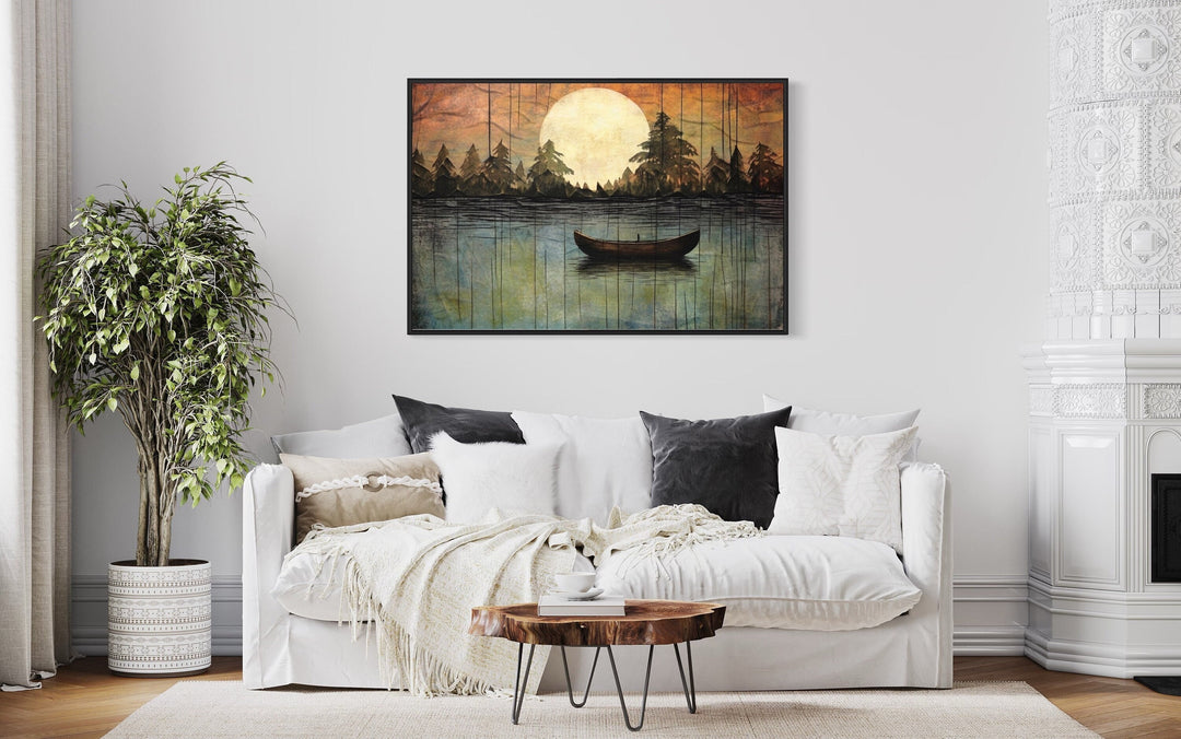 Great Outdoors Nature Lake Moon Boat Framed Canvas Wall Art