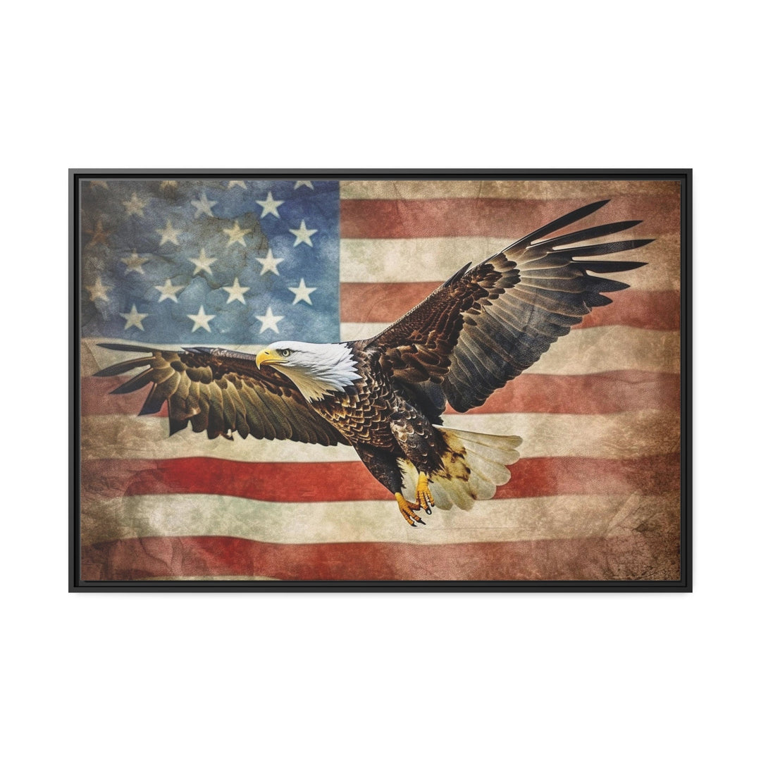 Bald Eagle And American Flag Framed Canvas Wall Art close up