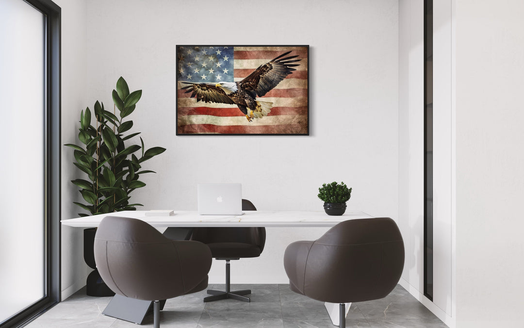 Bald Eagle And American Flag Framed Canvas Wall Art in the office