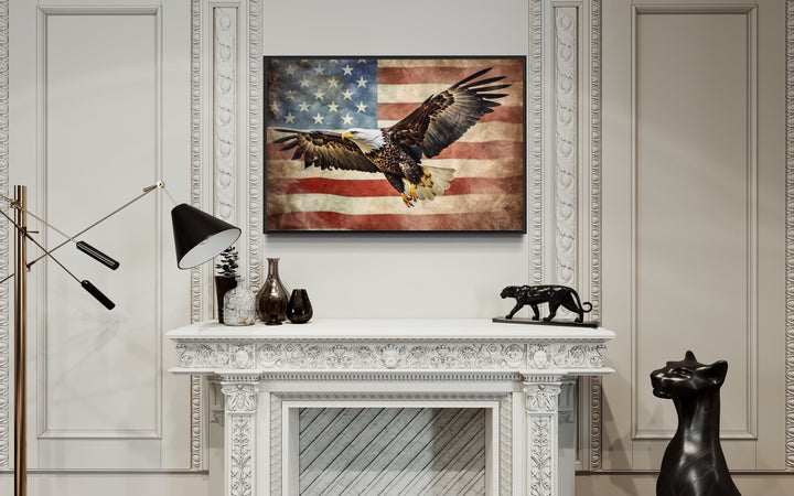 Bald Eagle And American Flag Framed Canvas Wall Art above fireplace