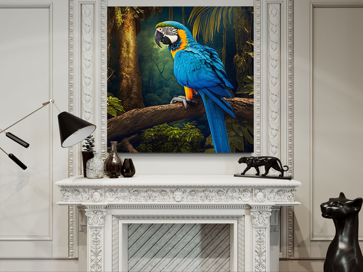 Blue And Yellow Gold Macaw Parrot Framed Canvas Wall Art