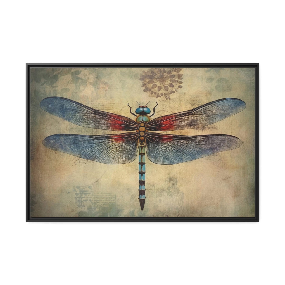 Dragonfly Illustration Vintage Rustic Framed Canvas Wall Art close up