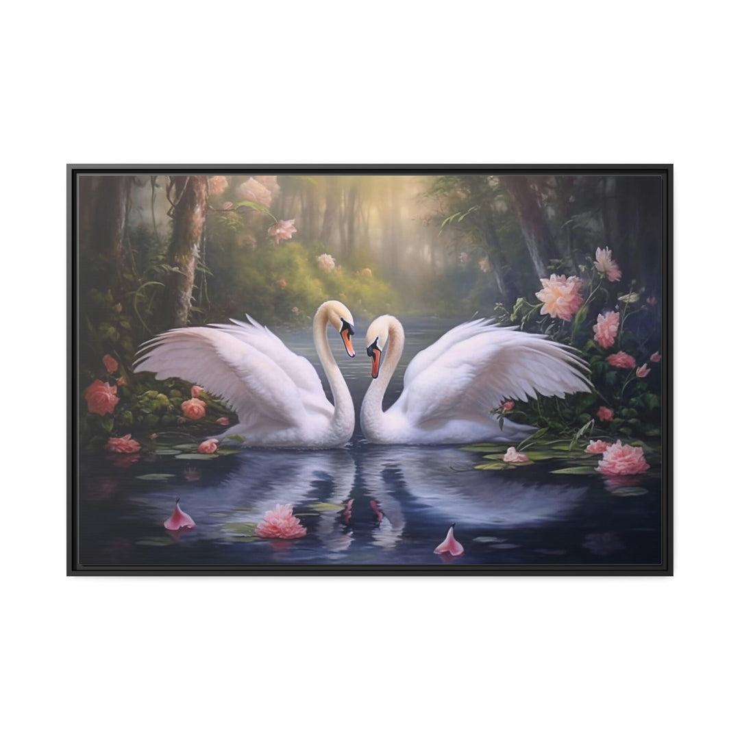 Two White Swans In The Lake Romantic Framed Canvas Wall Art close up