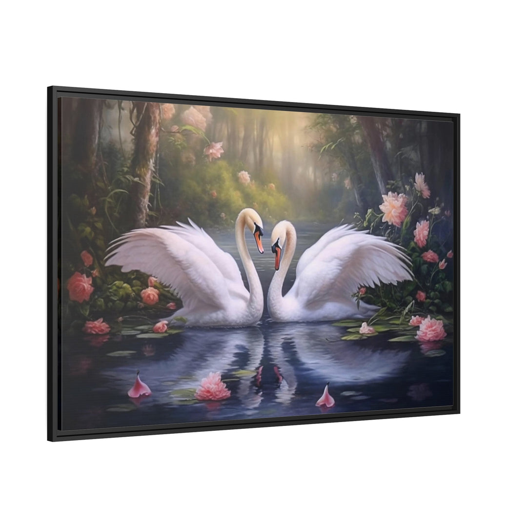 Two White Swans In The Lake Romantic Framed Canvas Wall Art side view