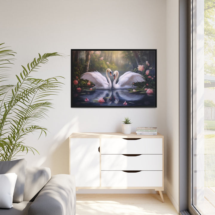 Two White Swans In The Lake Romantic Framed Canvas Wall Art in living room