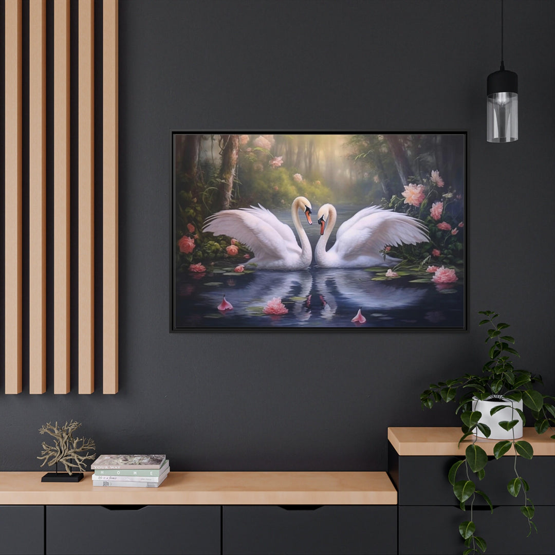 Two White Swans In The Lake Romantic Framed Canvas Wall Art in dark room above desk