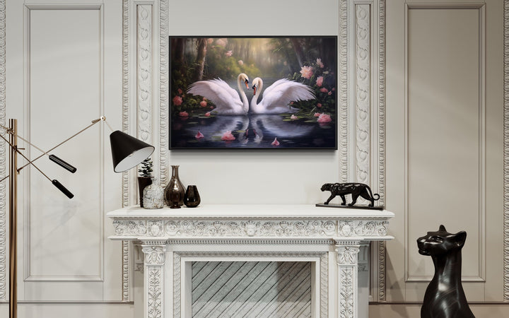 Two White Swans In The Lake Romantic Framed Canvas Wall Art above fireplace