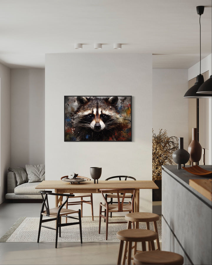 Raccoon Modern Pop Art Portrait Framed Canvas Wall Art in the kitchen