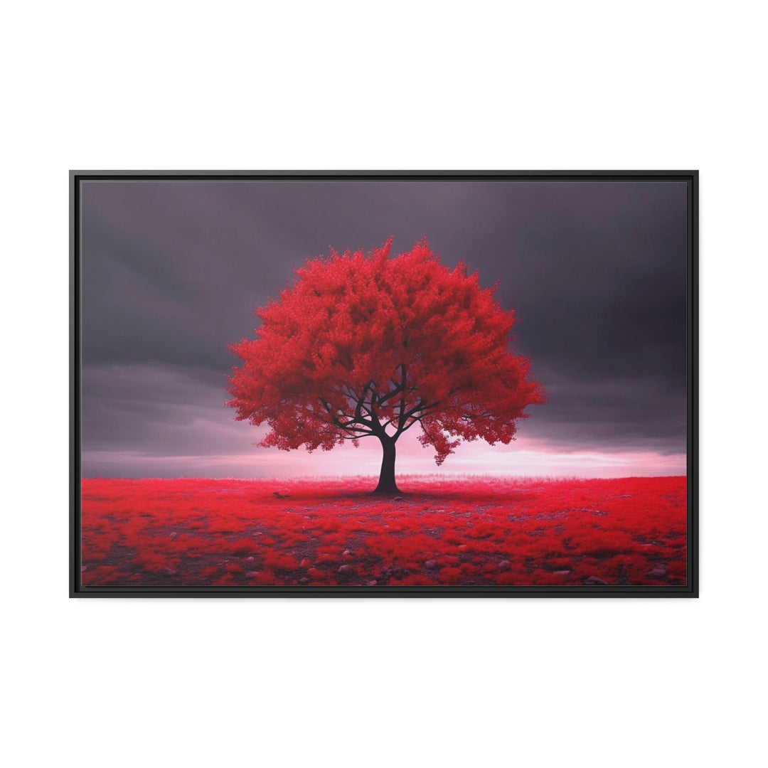 Red Tree On Black Background Framed Canvas Red Accent Wall Art close up