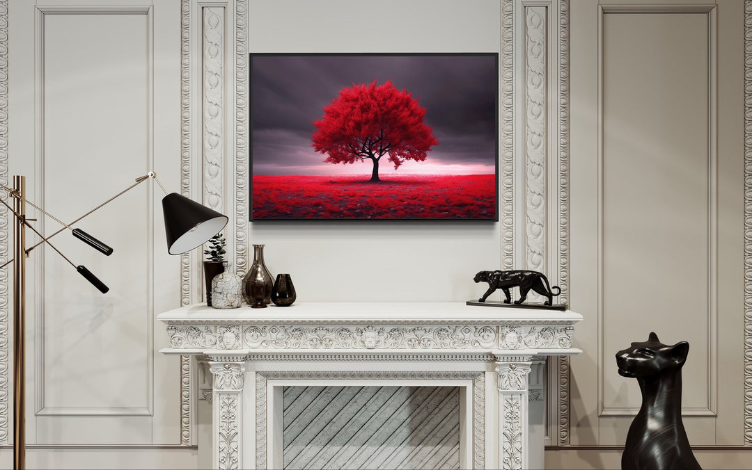 Red Tree On Black Background Framed Canvas Red Accent Wall Art above fireplace