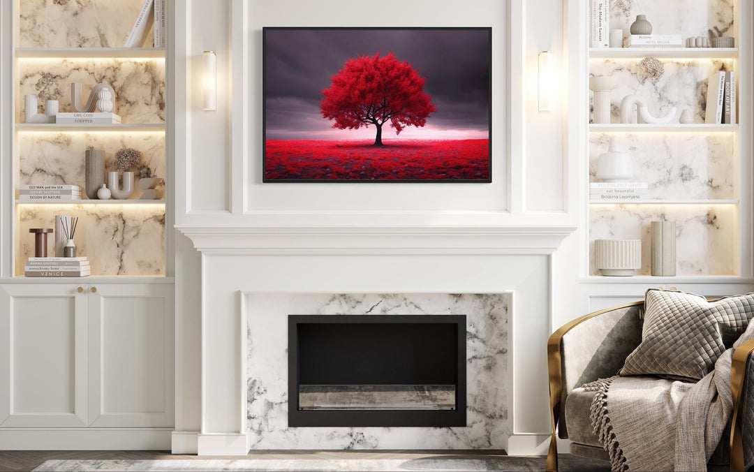 Red Tree On Black Background Framed Canvas Red Accent Wall Art above mantel