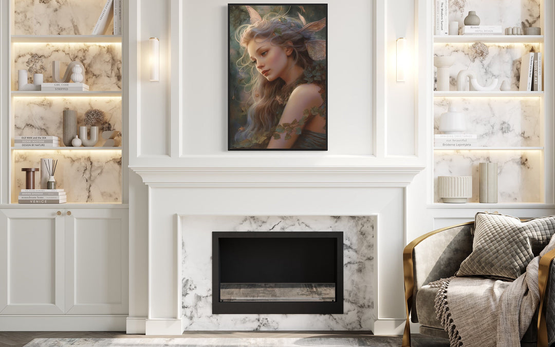 Beautiful Fairy Watercolor Portrait Framed Canvas Wall Art above fireplace