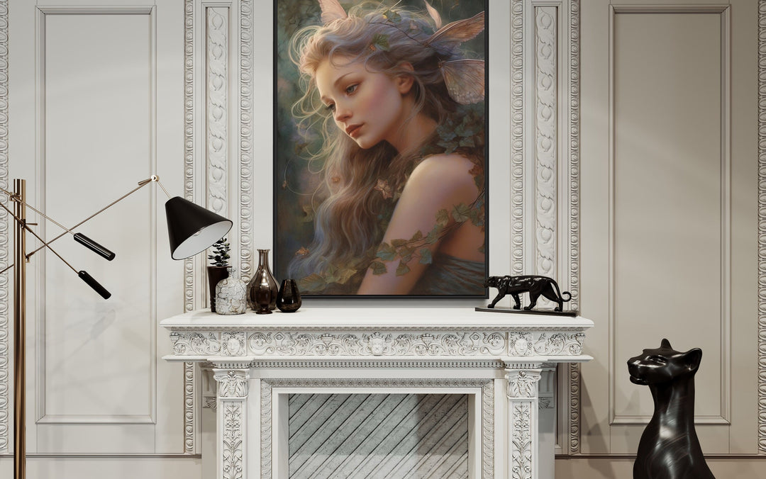 Beautiful Fairy Watercolor Portrait Framed Canvas Wall Art above mantel