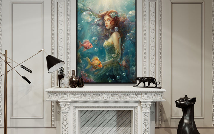 Little Mermaid Under The Sea Framed Canvas Wall Art above fireplace