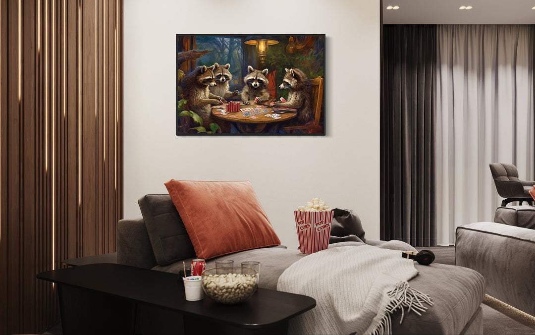 Raccoons Playing Poker Man Wall Art in entertainment area
