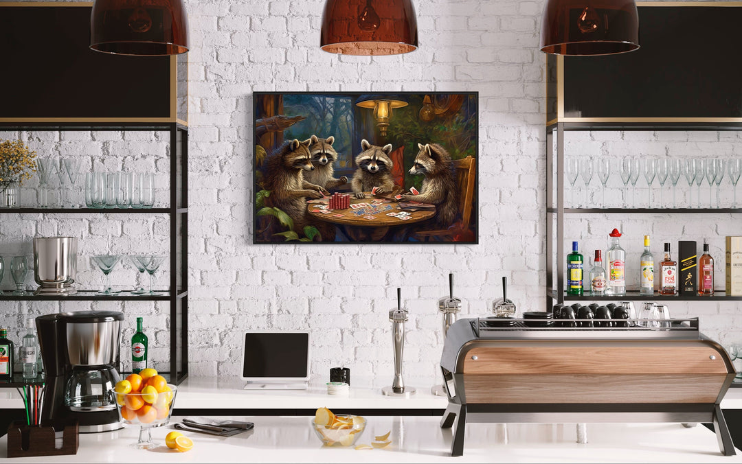 Raccoons Playing Poker Man Wall Art hanging in a bar room