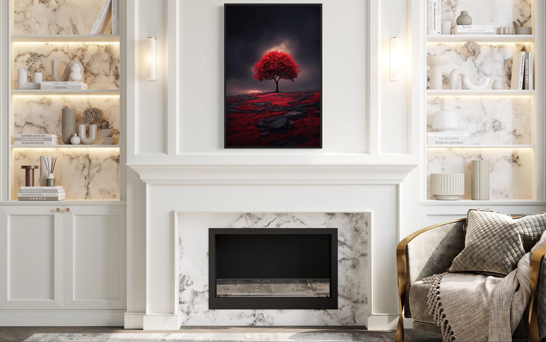 Red Burgundy Tree on Black Background Framed Canvas Wall Art above mantel