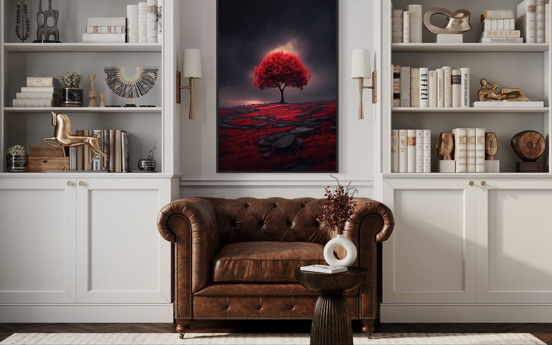 Red Burgundy Tree on Black Background Framed Canvas Wall Art above armchair