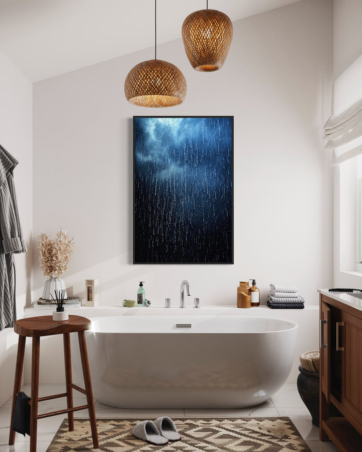 Navy Blue Rain Drops Framed Canvas Wall Art above bathtub