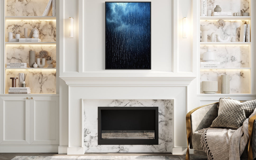 Navy Blue Rain Drops Framed Canvas Wall Art above fireplace