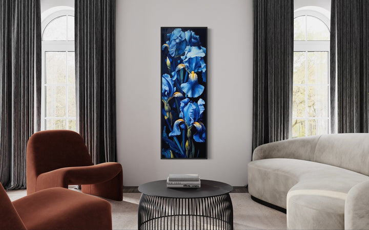 Tall Narrow Blue Irises on Black Background Vertical Framed Canvas Wall Art in living room