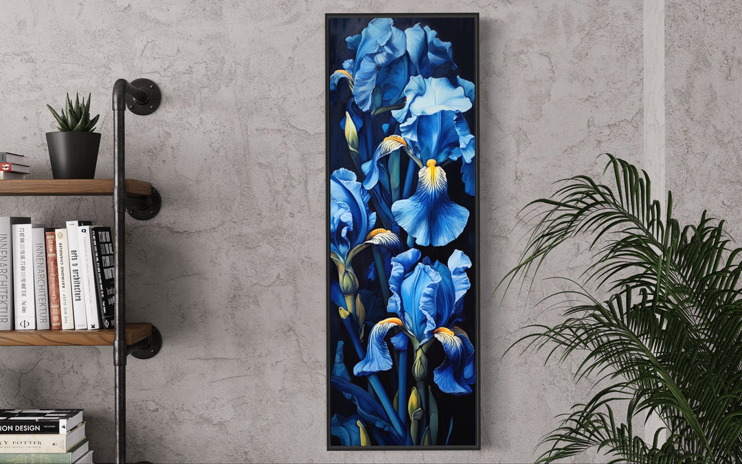 Tall Narrow Blue Irises on Black Background Vertical Framed Canvas Wall Art close up