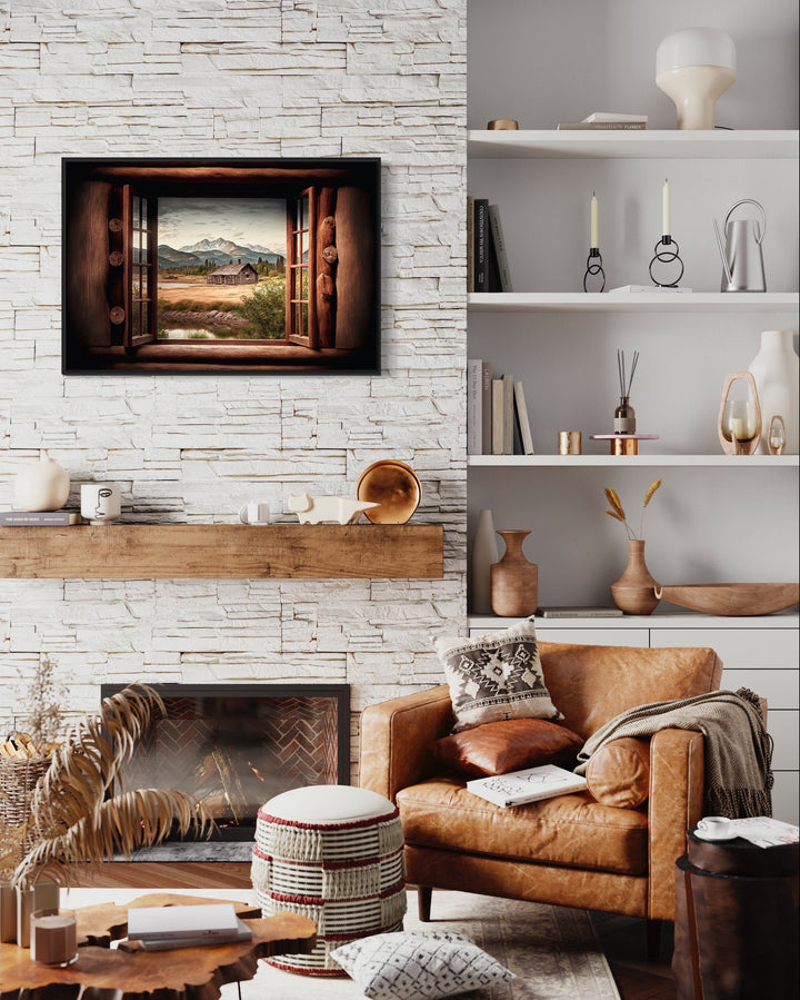 Mountain Cabin Seen Through Open Window Canvas Wall Art above fireplace