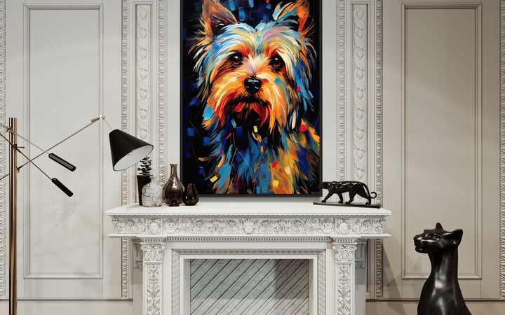 Colorful Yorkie Pop Art Portrait Canvas Wall Art above fireplace