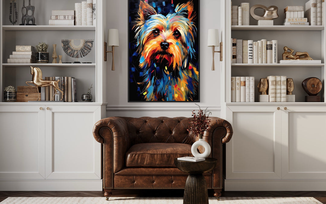 Colorful Yorkie Pop Art Portrait Canvas Wall Art in library